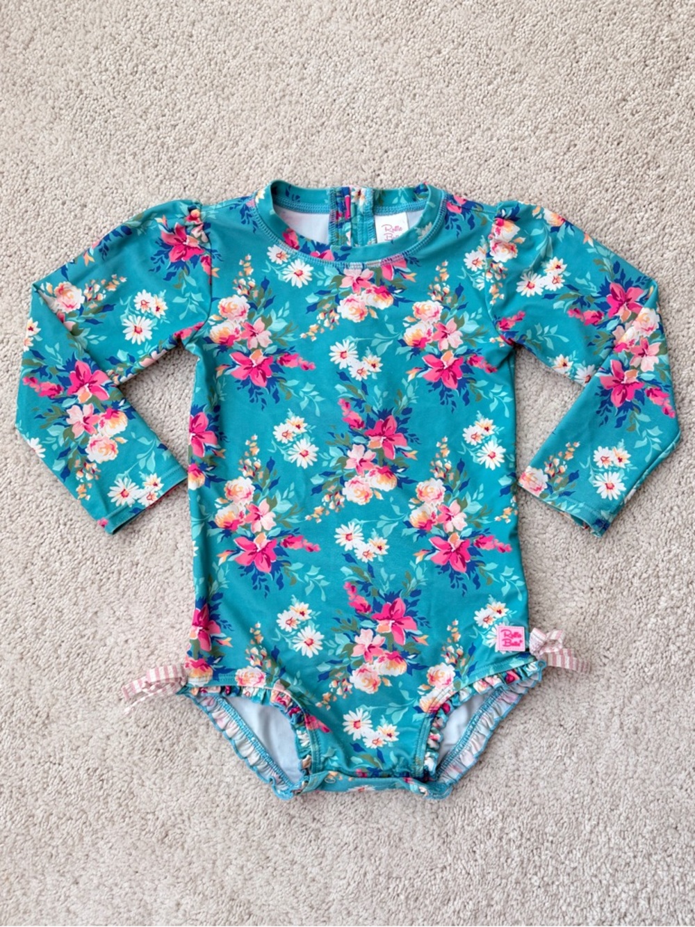 Ruffle Butts Teal Floral Long-Sleeve Swimsuit